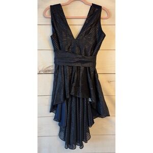Abbey Glass Navy Gold Metallic High Low Sleeveless Blouse V-Neck Bow Back XS